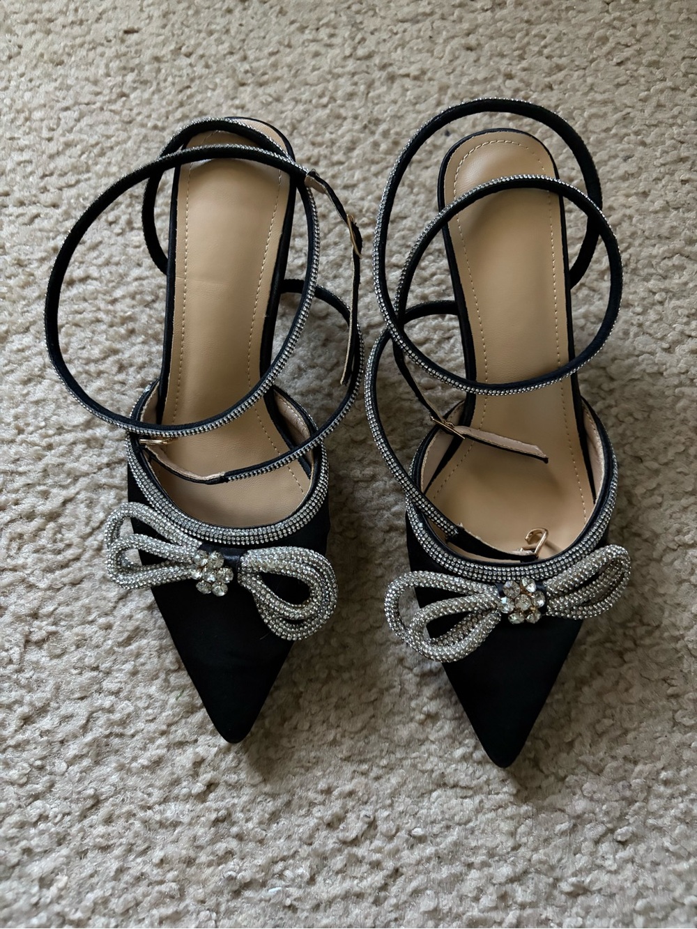 Pointed Black Crystal Bow Ankle-Strap Heels